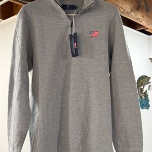 Vineyard Vines Gray Striped Quarter-Zip with Flag Emblem
